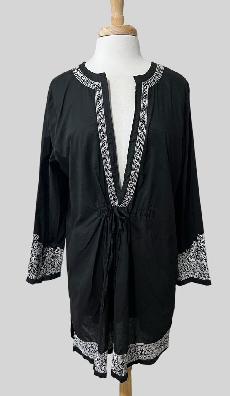 Tropical Escape Womens XL Black Swimsuit Cover up Long Sleeve Embroidered Beach